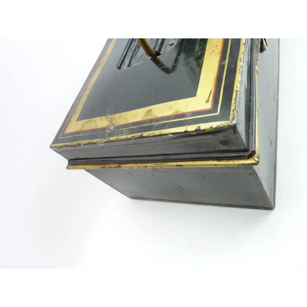 Damaged Antique Metal Cash Box Vintage 1920s Document Safe Black Pinstripe
